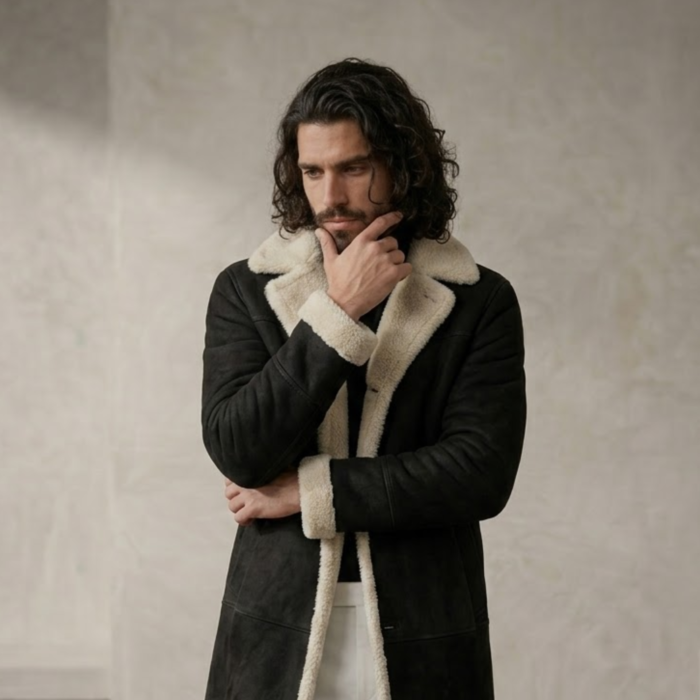 Man wearing Nocturn Men's Black shearling coat by snag leather