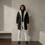 Man wearing Nocturn Men's Black shearling coat by snag leather