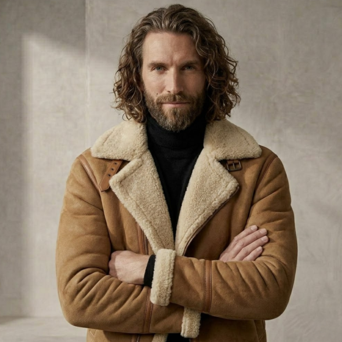 Man wearing Falcon Men's Tan Shearling Jacket By snag leather