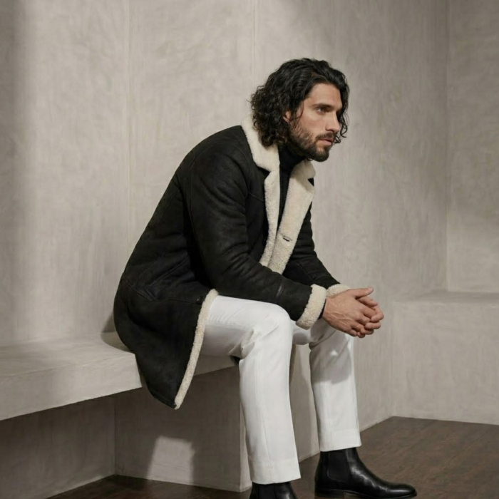 Man wearing Nocturn Men's Black shearling coat by snag leather