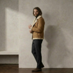 Man wearing Falcon Men's Tan Shearling Jacket By snag leather