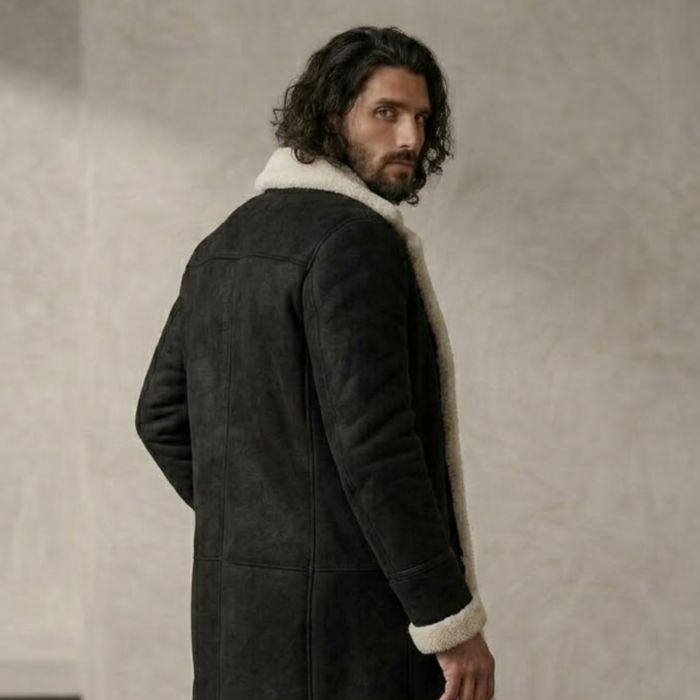 Man wearing Nocturn Men's Black shearling coat by snag leather
