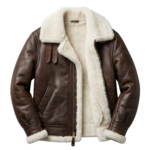 Men's dark brown shearling leather jacket with ivory catfeel fur lining and brass zip — Ironwool by Snag Leather