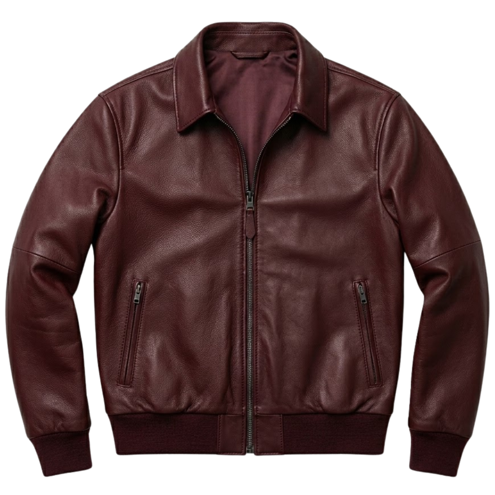 Men's maroon full-grain leather aviator jacket with spread collar, gunmetal zip and ribbed cuffs — Bloodstone by Snag Leather Men's maroon full-grain leather aviator jacket with spread collar, gunmetal zip and ribbed cuffs — Bloodstone by Snag Leather