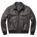 Men's dark charcoal full-grain leather aviator jacket with spread collar and ribbed hem — Shadowcast by Snag Leather