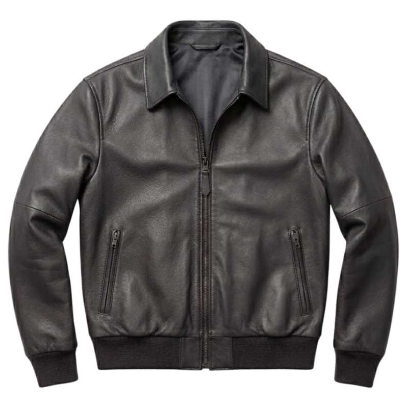 Men's dark charcoal full-grain leather aviator jacket with spread collar and ribbed hem — Shadowcast by Snag Leather