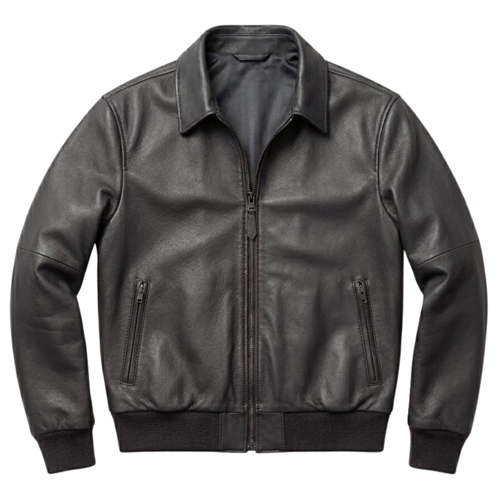 Men's dark charcoal full-grain leather aviator jacket with spread collar and ribbed hem — Shadowcast by Snag Leather Men's dark charcoal full-grain leather aviator jacket with spread collar and ribbed hem — Shadowcast by Snag Leather