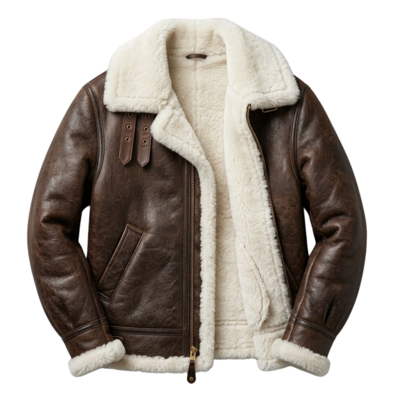 Men's dark brown shearling leather jacket with ivory catfeel fur lining and brass zip — Ironwool by Snag Leather