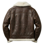 backside of Men's dark brown shearling leather jacket with ivory catfeel fur lining and zip