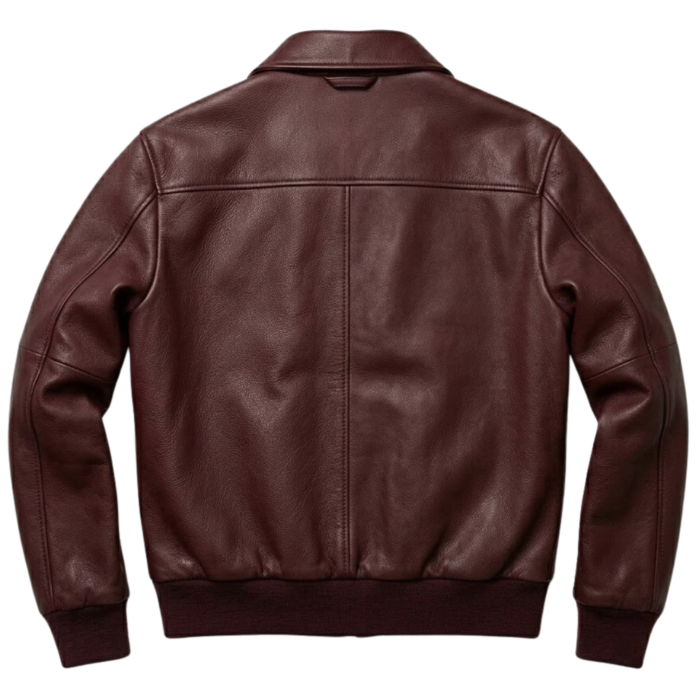 backside of Bloodstone Men's maroon full-grain leather aviator jacket by Snag Leather