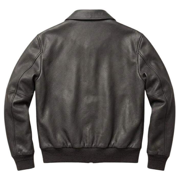 backside of the shadowcast men's dark charcoal leather aviator jacket by snagleather