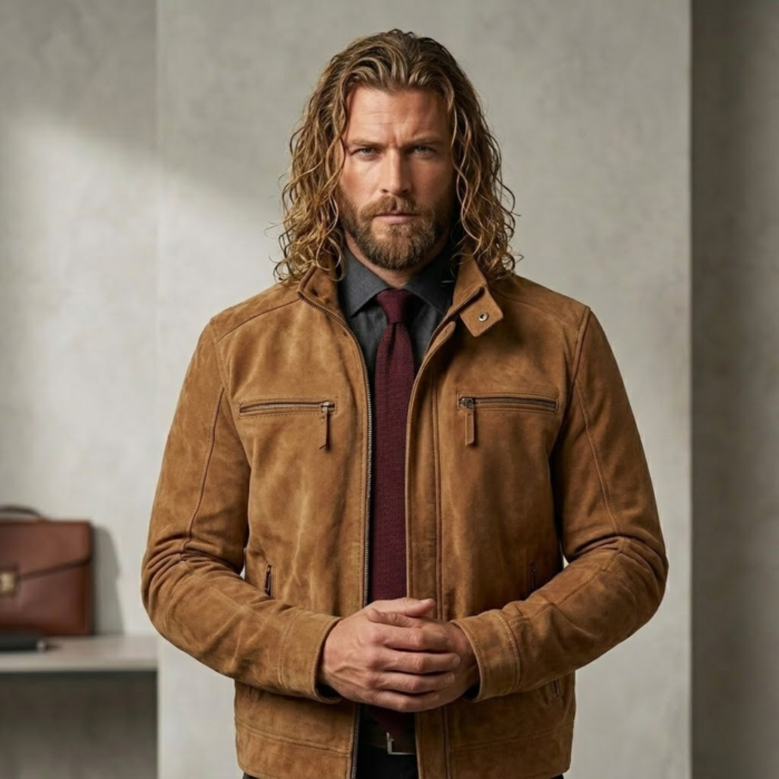 Goldrush Men's Tan Suede Leather Jacket by snag leather
