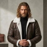 Male model wearing Ironwool men's shearling leather jacket