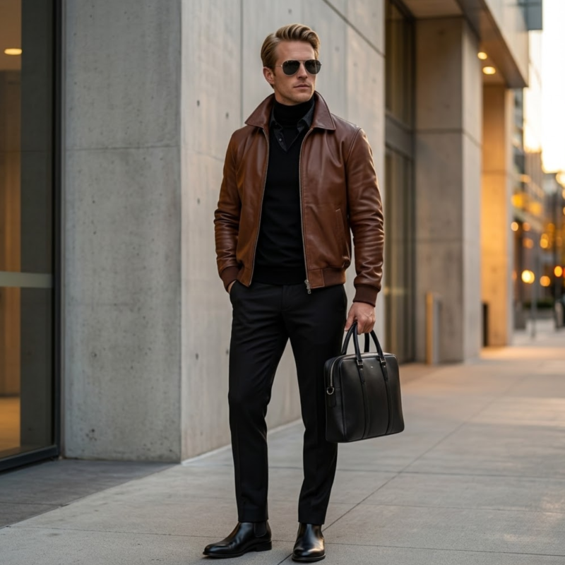 model wearing Men's cognac brown full-grain leather aviator jacket - Coppervault by Snag Leather