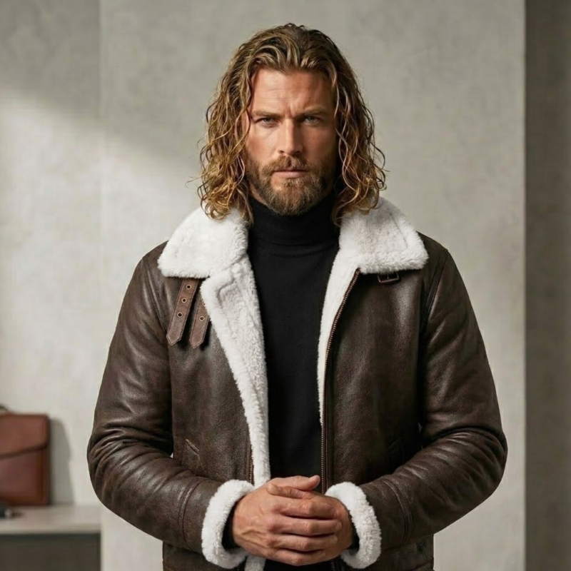 Male model wearing Ironwool men's shearling leather jacket