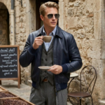 Man wearing navy blue leather aviator jacket with point collar and ribbed cuffs — Bluehawk by Snag Leather