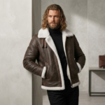 Male model wearing Ironwool men's shearling leather jacket