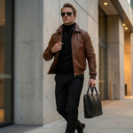 model wearing Men's cognac brown full-grain leather aviator jacket - Coppervault by Snag Leather