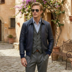 Man wearing navy blue leather aviator jacket with point collar and ribbed cuffs — Bluehawk by Snag Leather