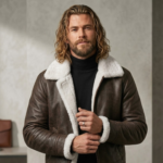Male model wearing Ironwool men's shearling leather jacket