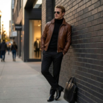 model wearing Men's cognac brown full-grain leather aviator jacket - Coppervault by Snag Leather