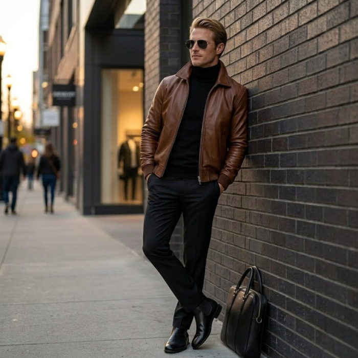 model wearing Men's cognac brown full-grain leather aviator jacket - Coppervault by Snag Leather