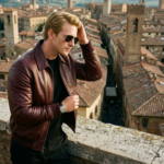 man wearing Bloodstone Men's maroon full-grain leather aviator jacket by Snag Leather