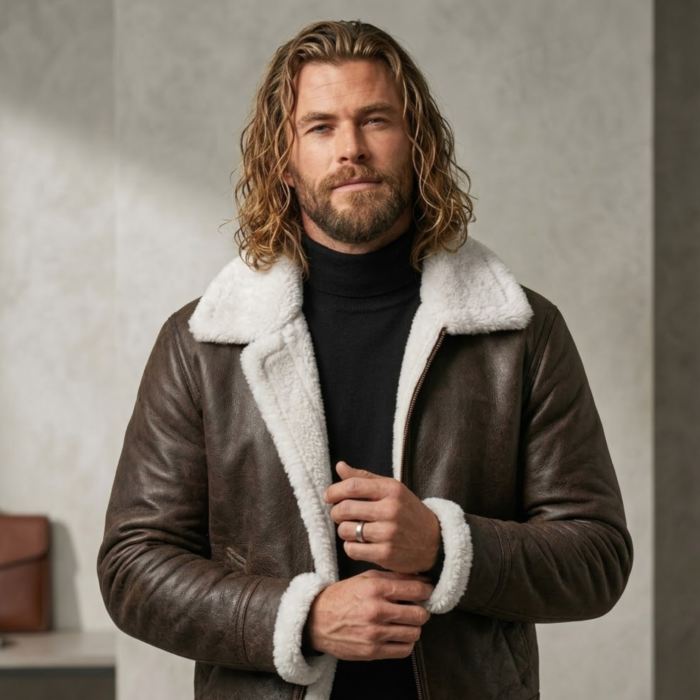 Male model wearing Ironwool men's shearling leather jacket