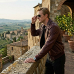 man wearing Bloodstone Men's maroon full-grain leather aviator jacket by Snag Leather