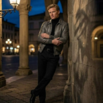 man wearing the shadowcast men's dark charcoal leather aviator jacket by snagleather