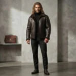 man wearing dark brown shearling leather jacket with fur collar — Frontierfox by Snag Leather