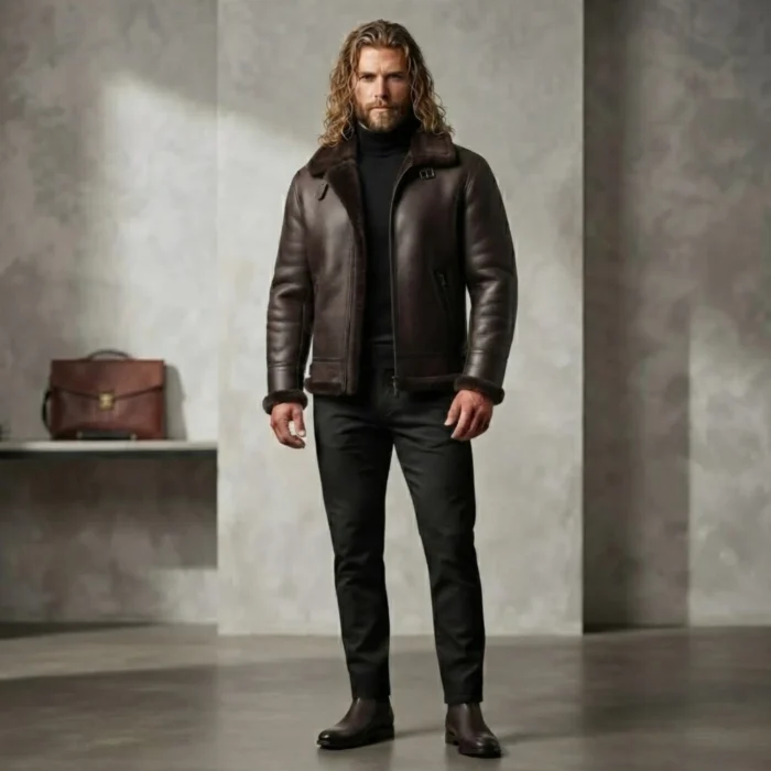 man wearing dark brown shearling leather jacket with fur collar — Frontierfox by Snag Leather