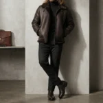 man wearing dark brown shearling leather jacket with fur collar — Frontierfox by Snag Leather
