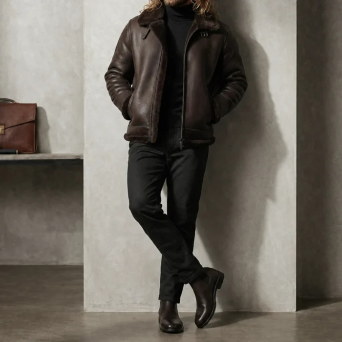 man wearing dark brown shearling leather jacket with fur collar — Frontierfox by Snag Leather