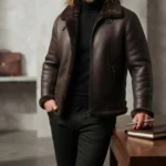 man wearing dark brown shearling leather jacket with fur collar — Frontierfox by Snag Leather