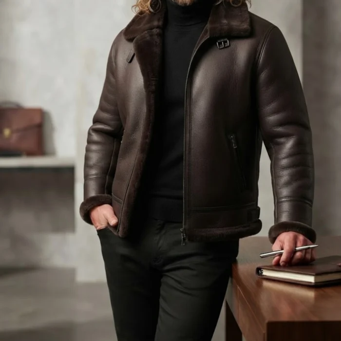 man wearing dark brown shearling leather jacket with fur collar — Frontierfox by Snag Leather