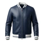 Men's navy blue pebbled leather bomber jacket with white varsity stripe ribbed collar and silver zip — Arlo by Snag Leather