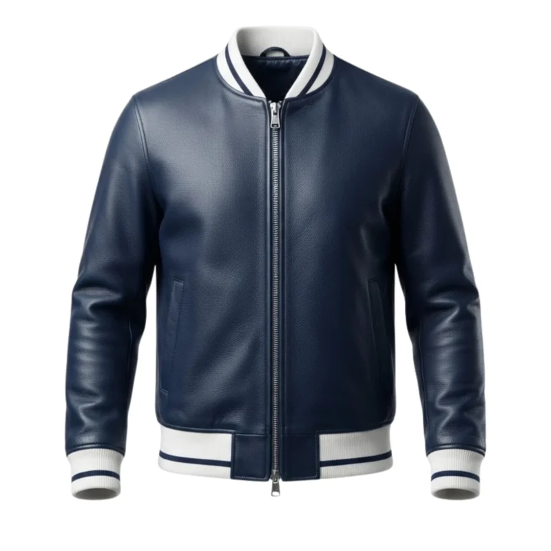 Men's navy blue pebbled leather bomber jacket with white varsity stripe ribbed collar and silver zip — Arlo by Snag Leather