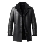 Men's all-black shearling leather coat with notch fur collar and button front — Midnightkeep by Snag Leather
