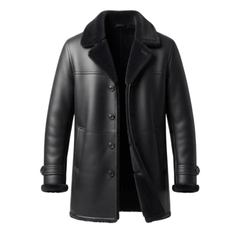 Men's all-black shearling leather coat with notch fur collar and button front — Midnightkeep by Snag Leather
