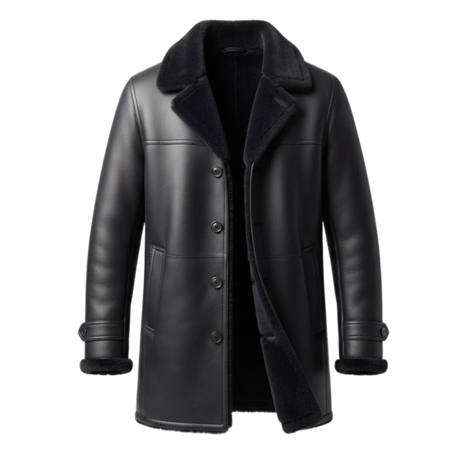 Men's all-black shearling leather coat with notch fur collar and button front — Midnightkeep by Snag Leather Men's all-black shearling leather coat with notch fur collar and button front — Midnightkeep by Snag Leather