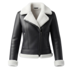 Women's black leather shearling jacket with fur collar and asymmetric zip — Snowgrace by Snag Leather