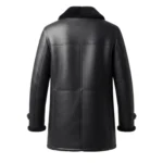 backside shot of Men's all-black shearling leather coat with notch fur collar and button front — Midnightkeep by Snag Leather