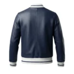 backside shot of the Men's navy blue pebbled leather bomber jacket with white varsity stripe ribbed collar and silver zip — Arlo by Snag Leather