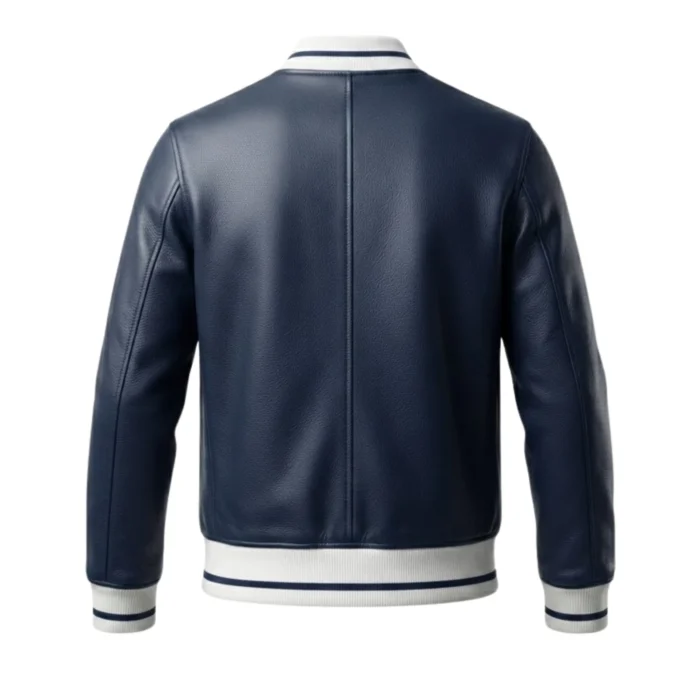 backside shot of the Men's navy blue pebbled leather bomber jacket with white varsity stripe ribbed collar and silver zip — Arlo by Snag Leather