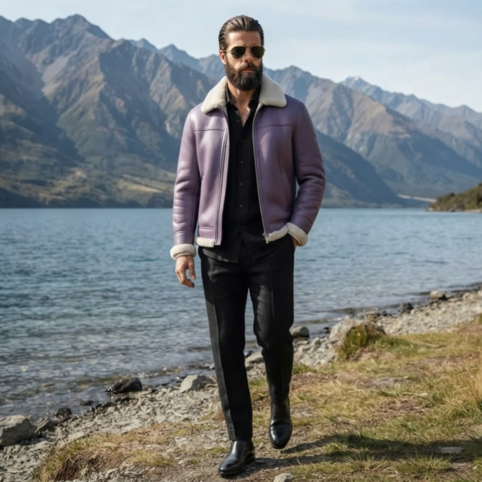 Wisteria Men's Lavender Shearling Leather Bomber Jacket