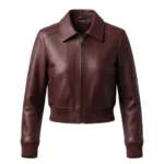 Women's cropped maroon leather bomber jacket with point collar, dark gunmetal zip and ribbed cuffs — Claret by Snag Leather