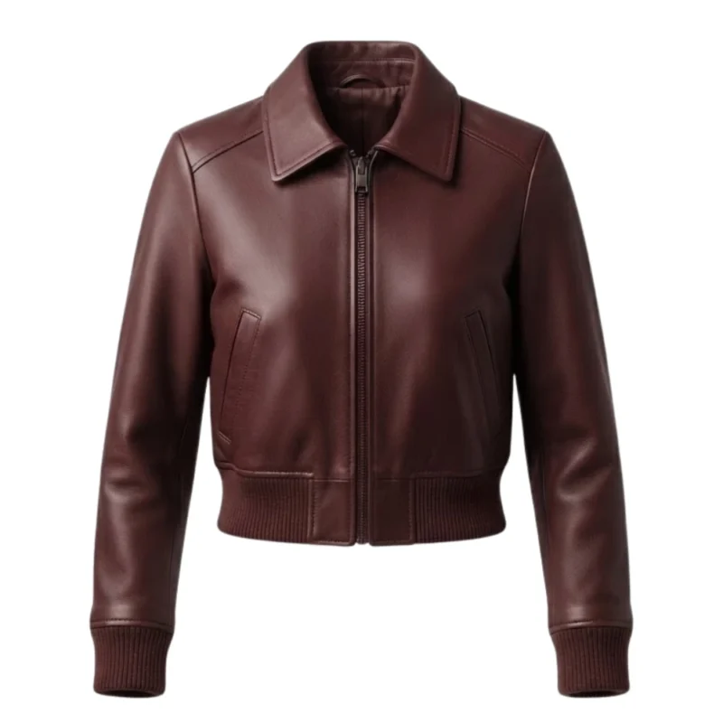 Women's cropped maroon leather bomber jacket with point collar, dark gunmetal zip and ribbed cuffs — Claret by Snag Leather