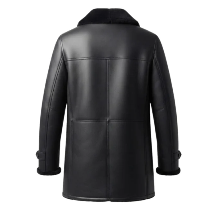 backside shot of Men's all-black shearling leather coat with notch fur collar and button front — Midnightkeep by Snag Leather
