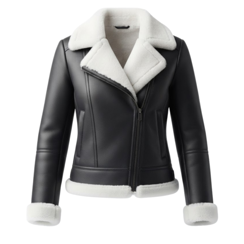 Women's black leather shearling jacket with fur collar and asymmetric zip — Snowgrace by Snag Leather